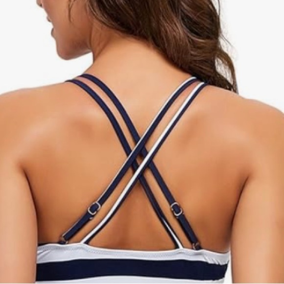 Navy Stripe V Neck Ruching Tummy Control One-Piece Swimsuit Size L NEW - Picture 16 of 16